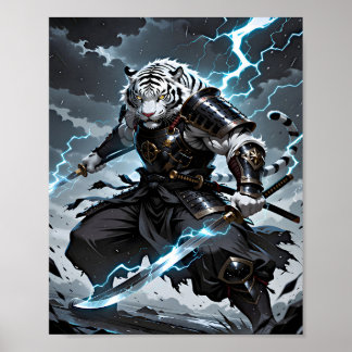 Poster White Tiger Samurai Warrior Blue Lightning Fantasy