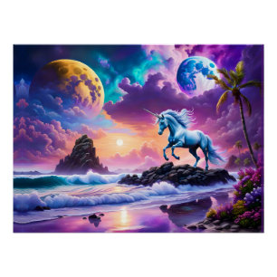 Póster White Unicorn Fantasy Tropical Beach