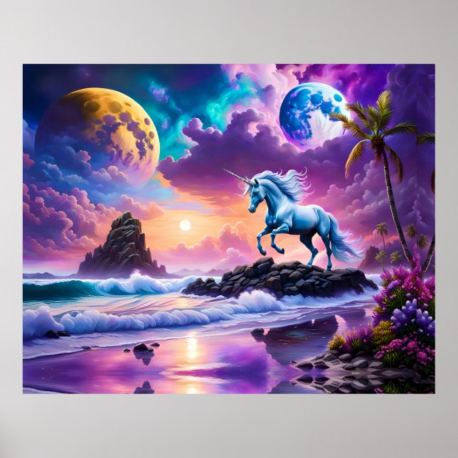 Poster White Unicorn Fantasy Tropical Beach (Frente)
