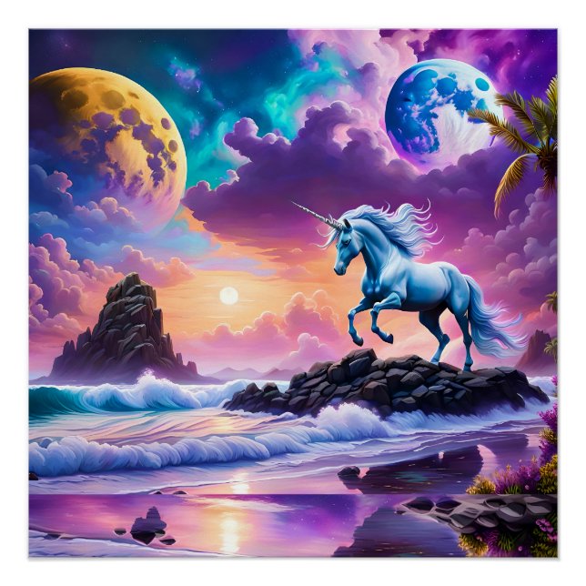 Póster White Unicorn Fantasy Tropical Beach (Frente)
