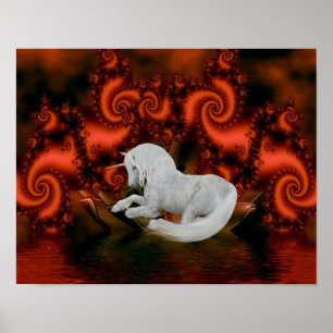 Póster White Unicorn Red Fractals Fantasy Horse Art