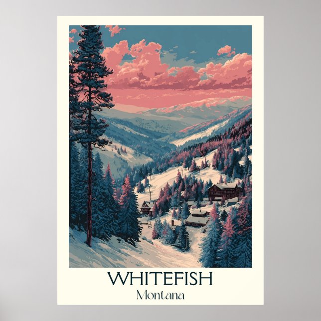 Poster Whitefish Montana Vintage Vintage Village Ski Arte (Frente)