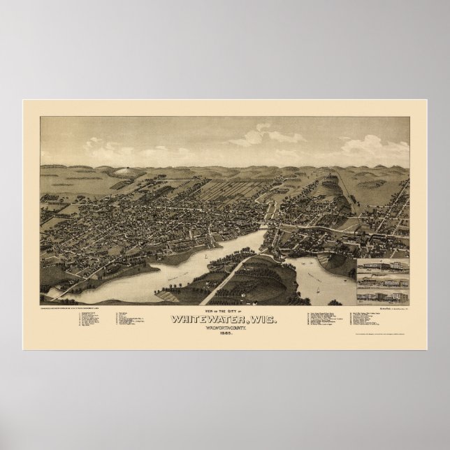 Poster Whitewater, Mapa Panorâmico do WI - 1885 (Frente)