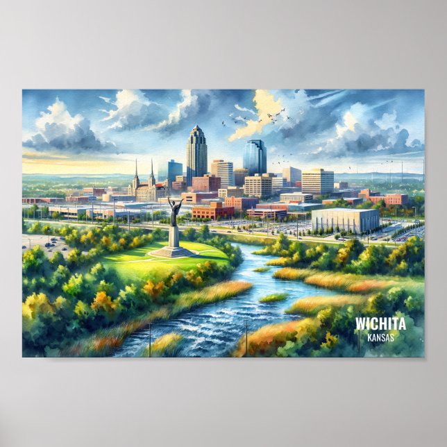 Poster Wichita Kansas Familiar Viagem coloca aquarela (Frente)
