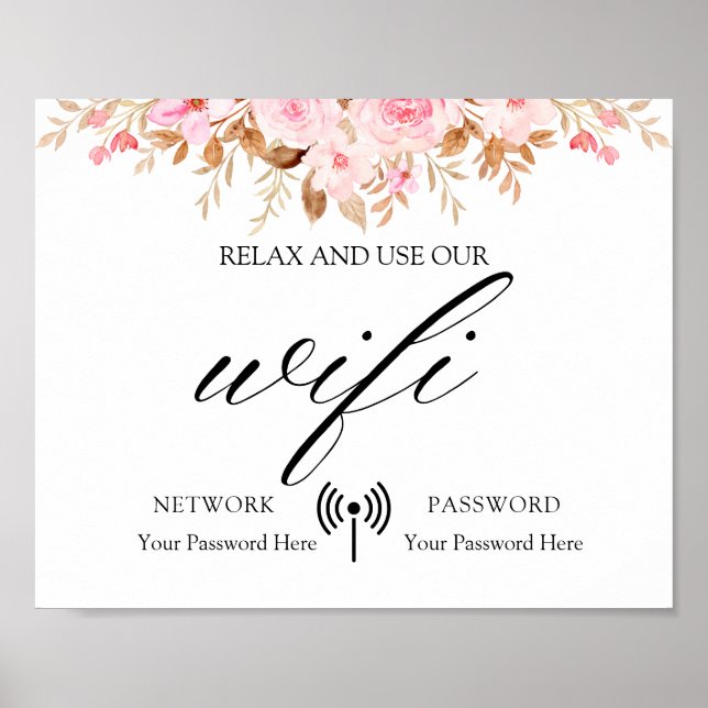 Poster Wifi De Casamento Floral Leaf Boho Mínimo (Frente)