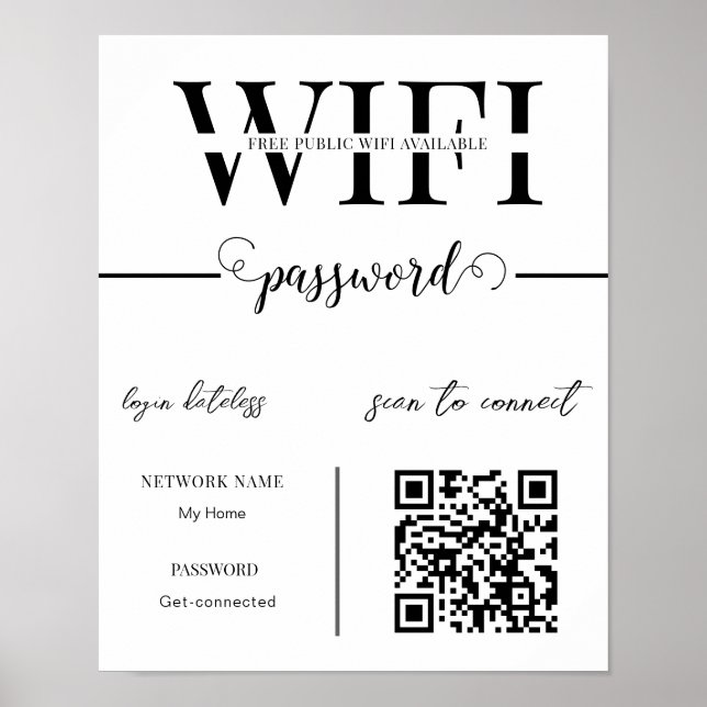 Poster WIFI Network Password QR Code Black & White Modern (Frente)