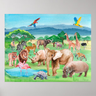 Poster Wild animals of Africa on the background of the sa