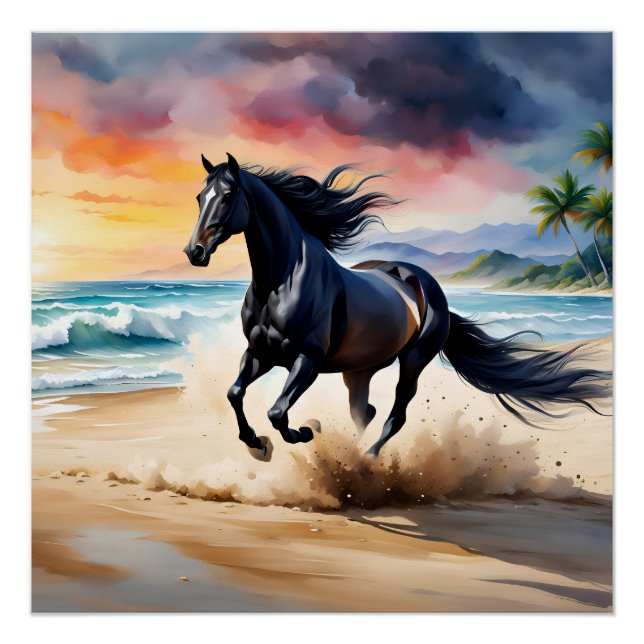 Póster Wild black stallion galloping (Frente)