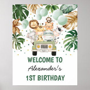 Poster Wild Jungle Animals Greenery Gold Birthday Welcome