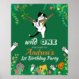 Poster Wild One Cat Greenery primeiro aniversario Green W