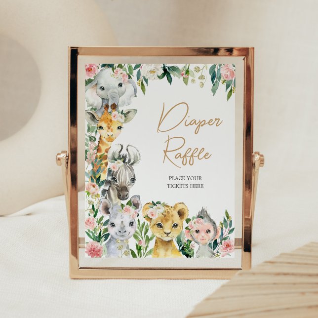 Poster Wild One Floral Safari Fralda Raffle (Greenery Floral Wild One Baby Shower Diaper Raffle Sign)