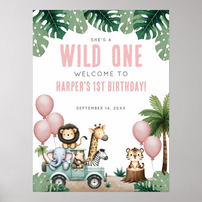 Poster Wild One Pink Safari 1st Birthday Welcome (Frente)