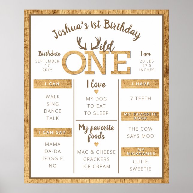 Poster Wild One Rustic Antlers First Birthday Milestone (Frente)