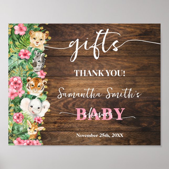 Poster Wild Rustic Safari Pink Flowers Gifts Baby Shower (Frente)