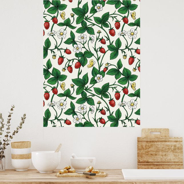 Poster Wild strawberries red/yellow/green/off white (Cozinha)