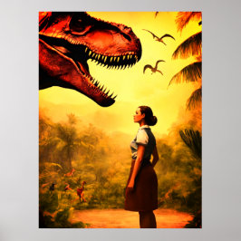 Poster Will the T-Rex Get the Girl in the Forest on Wall