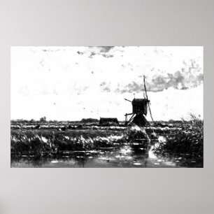 Poster Willem Roelofs - paisagem com moinho de vento (Mod