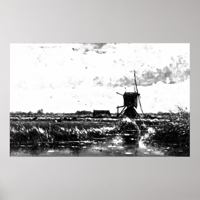 Poster Willem Roelofs - paisagem com moinho de vento (Mod (Frente)