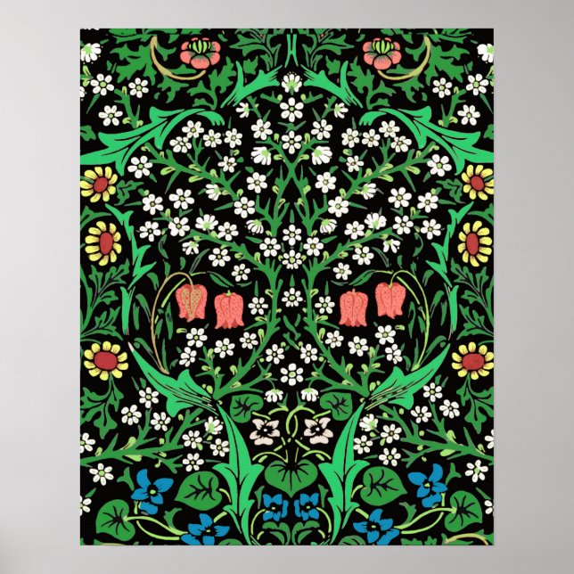 Póster William Morris Jacobean Floral, Fundo Negro (Frente)