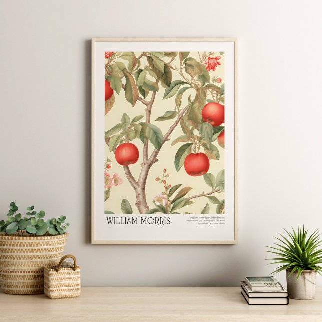Poster William Morris Vintage Apples e Blossomas (William Morris Vintage Apples and Blossoms Poster ina  neutral boho livingroom with plants.)