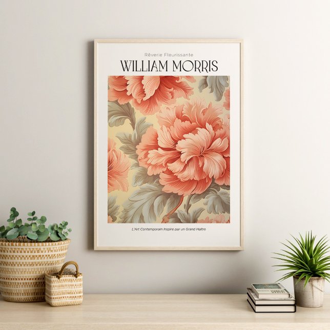 Poster William Morris Vintage Blush Pink Flowers (William Morris Vintage Blush Pink Flowers Poster in a neutral boho living room with house plants)