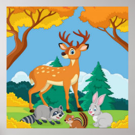 Poster Willife Raccoon Chipmunk Rabbit Deer Fall Landsca