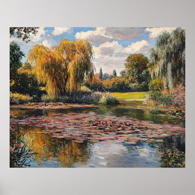 Poster Willow Tree and Lily Pads Landscape Painting (Frente)