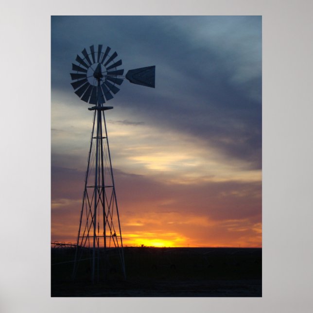 Póster Windmill e Kansas Sunset ocidental (Frente)