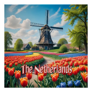Póster Windmill & Tulips Países Baixos