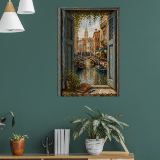 Poster Window to Venice Canal Gondola Oil Painting