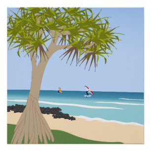 Póster Wing Foil Surfers Pandanus Tree na Praia