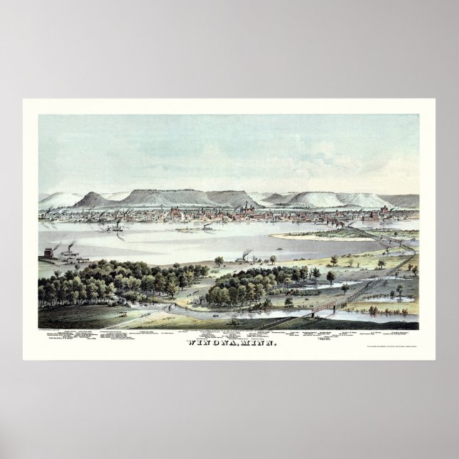 Póster Winona, Mapa Panorâmico do MN - 1874 (Frente)