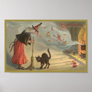 Póster Wintage Halloween Witch, Cat