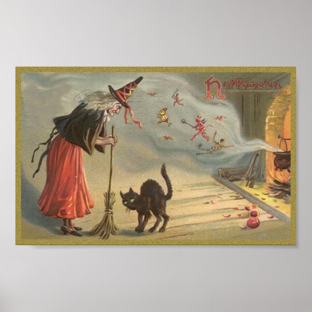 Póster Wintage Halloween Witch, Cat (Frente)