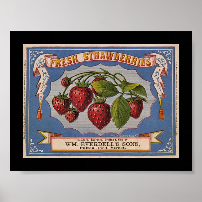 Póster Wintage Strawberry Fruta Rótulo (Frente)