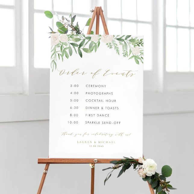 Poster Winter Blooms Garland Casamento Ordem dos Aconteci (Customizable watercolor wedding timeline sign featuring watercolor greenery and white flowers)