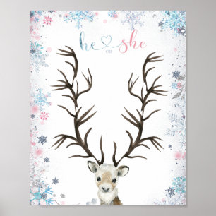 Poster Winter buck or doe gender reveal thumbprint tree 