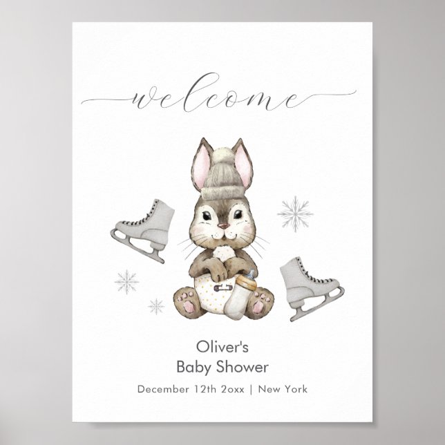 Poster Winter Bunny Ice Skate Baby Shower Welcome  (Frente)