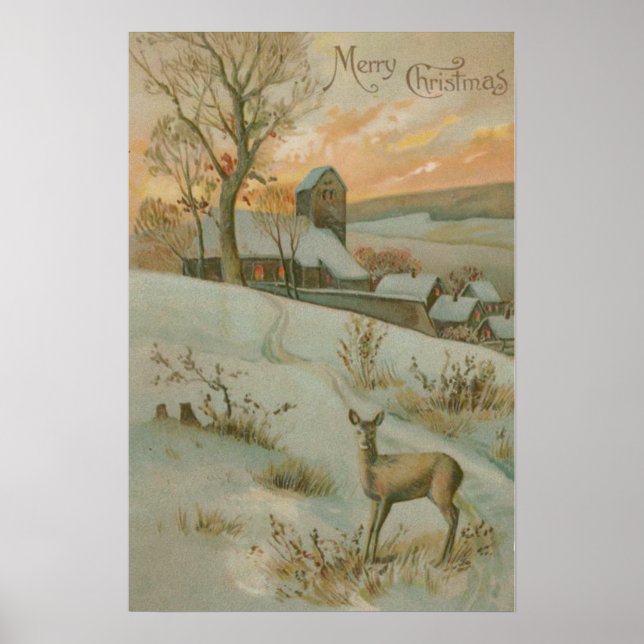 Poster Winter Field Deer Church (Frente)