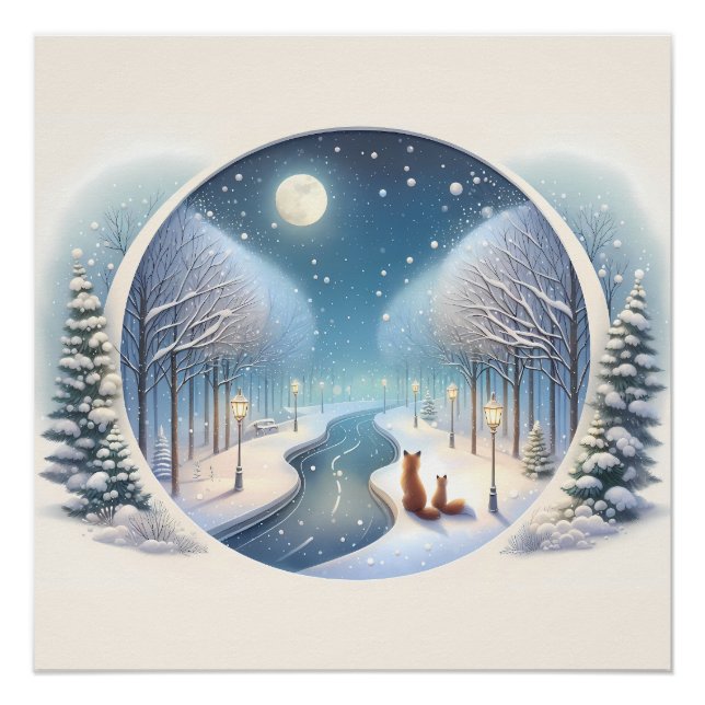 Póster Winter Foxes by Moonlit Snowy River (Frente)