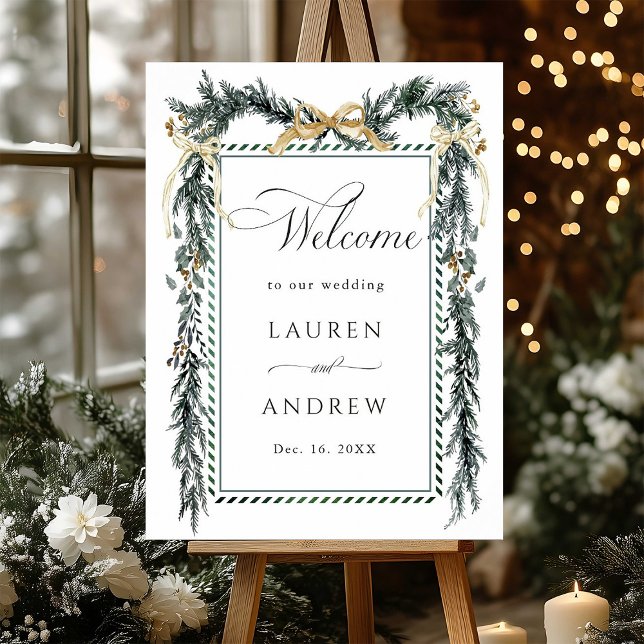 Poster Winter Greens Garland Wedding Welcome Green & Gold (Criador carregado)