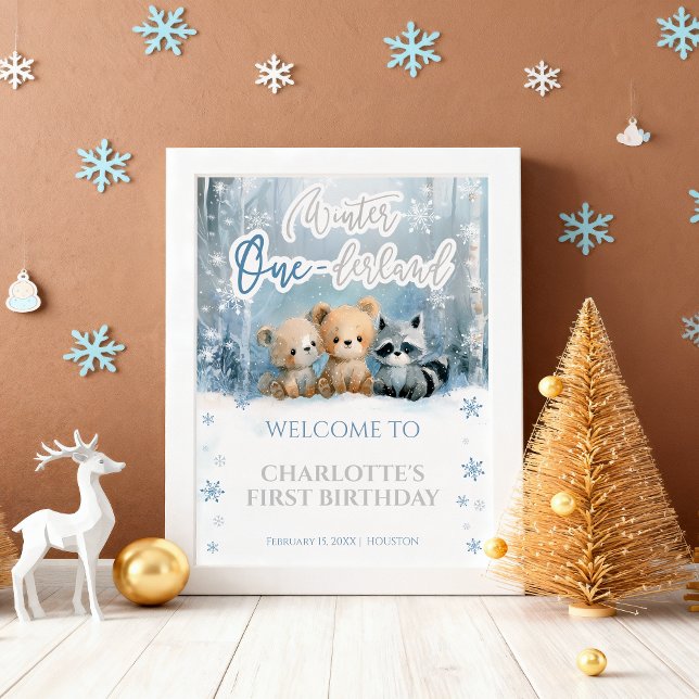 Poster Winter Onederland Bear Blue First Welcome Sign (Criador carregado)