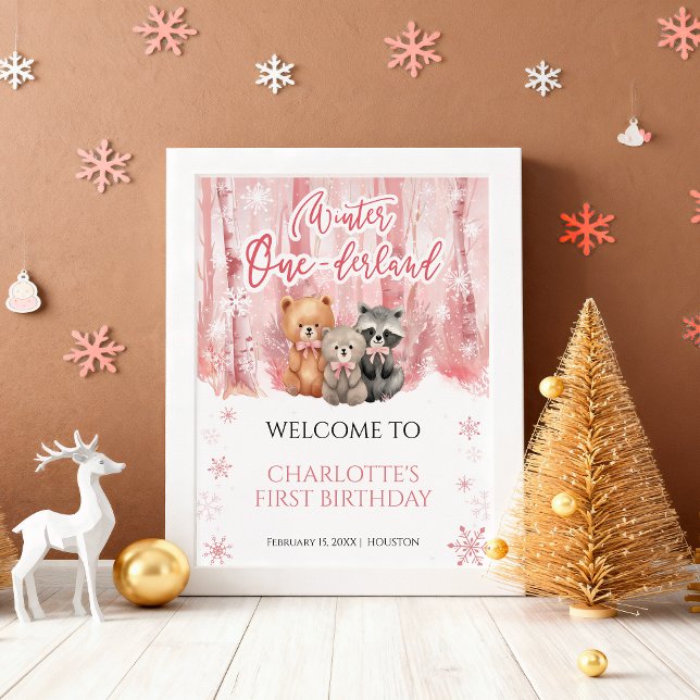 Poster Winter Onederland Bear Pink First Welcome Sign (Criador carregado)