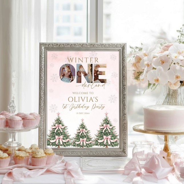 Poster Winter Onederland Pink Bow 1st Birthday Welcome (Criador carregado)
