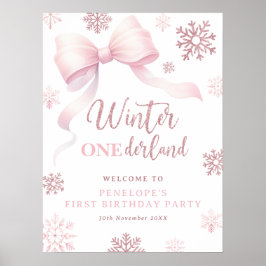 Poster Winter Onederland Pink Bow 1st Birthday Welcome
