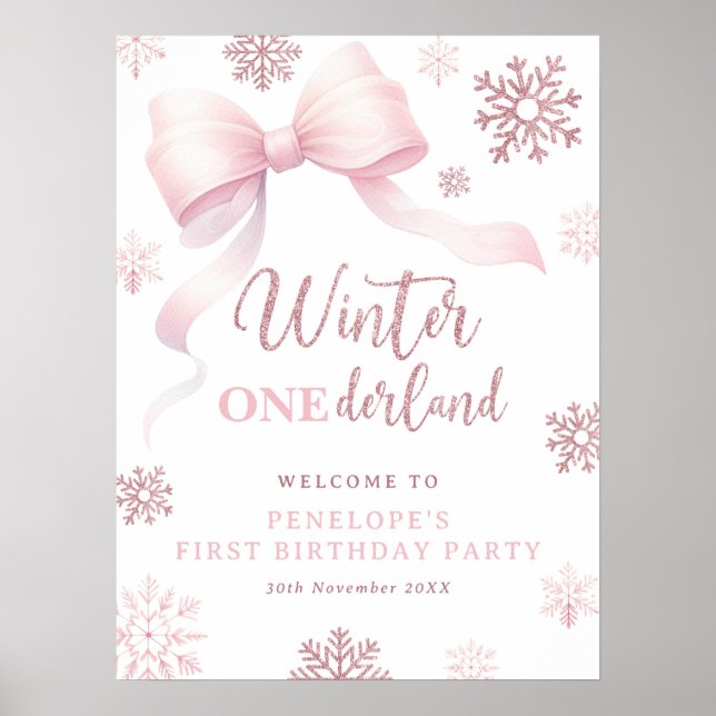 Poster Winter Onederland Pink Bow 1st Birthday Welcome (Frente)