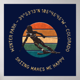 Poster Winter Park, Colorado - Woman Skier, Texto do Ouro