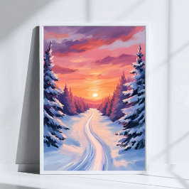 Poster Winter Pinescape Sunset | Pastel Watercolor