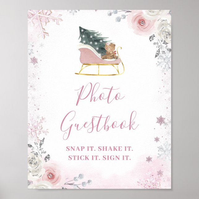 Poster Winter Pink Snowflake Sleigh Photo Guestbook (Frente)