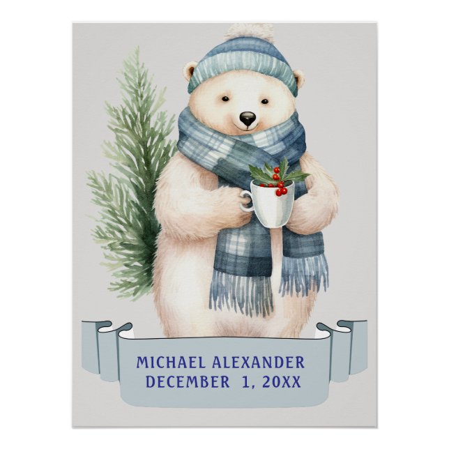Póster WINTER POLAR BEAR EM BLUE SCARF KIDNAME Aniversári (Frente)